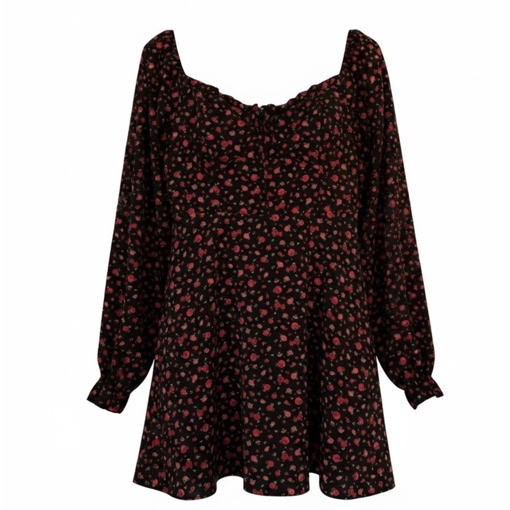 Black Floral Long-Sleeve Swing Dress with Pink Rose Print